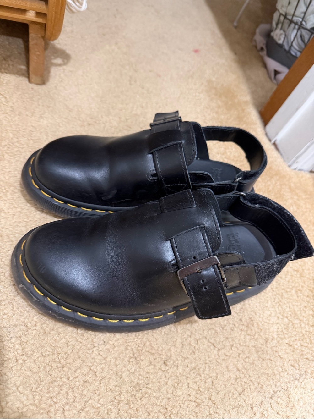 Dr. Martens Black Leather Mary Jane Sandals with Yellow Stitching